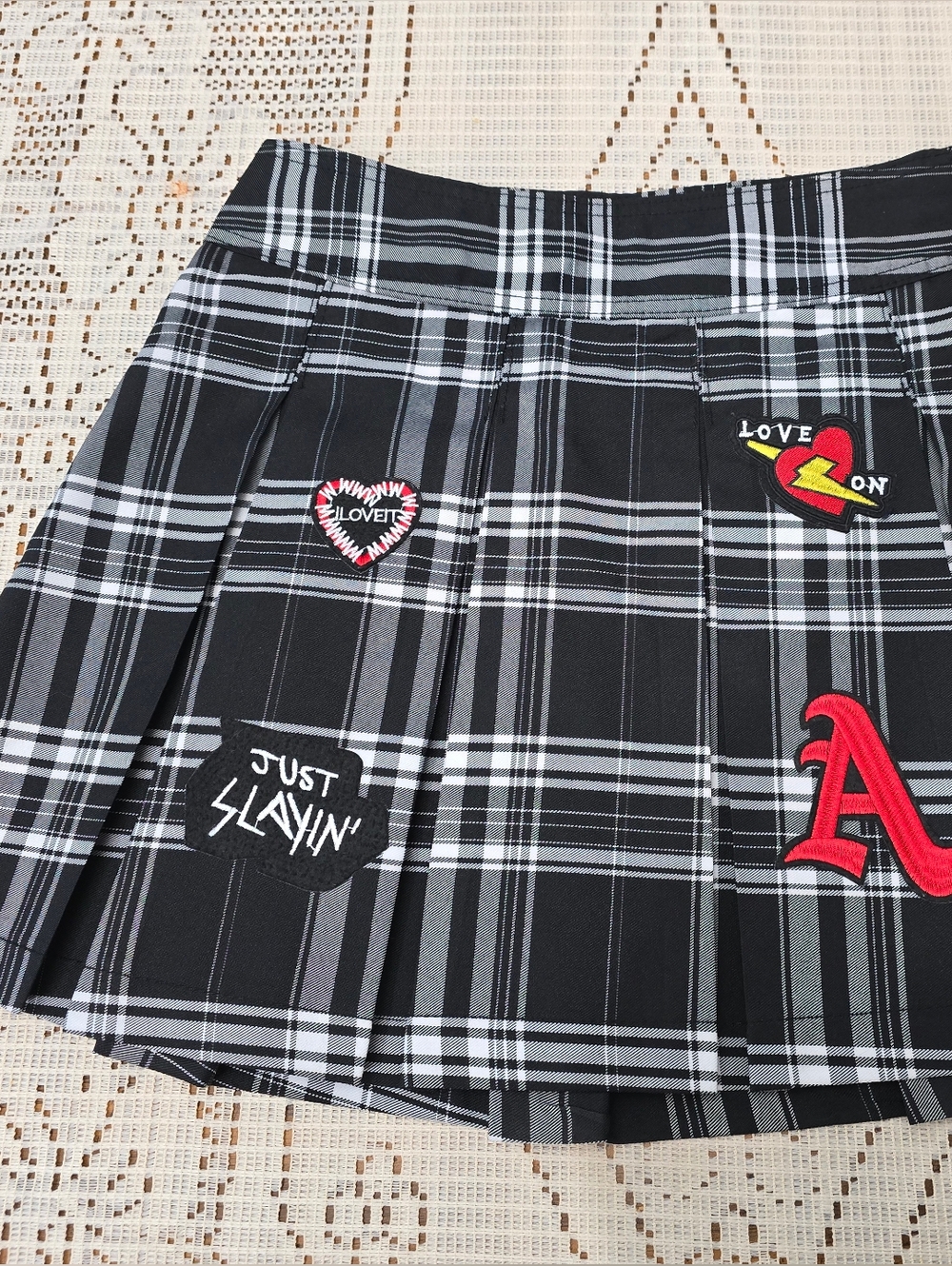 No Boundaries Black and White Plaid Pleated Mini Skirt with Patch Details